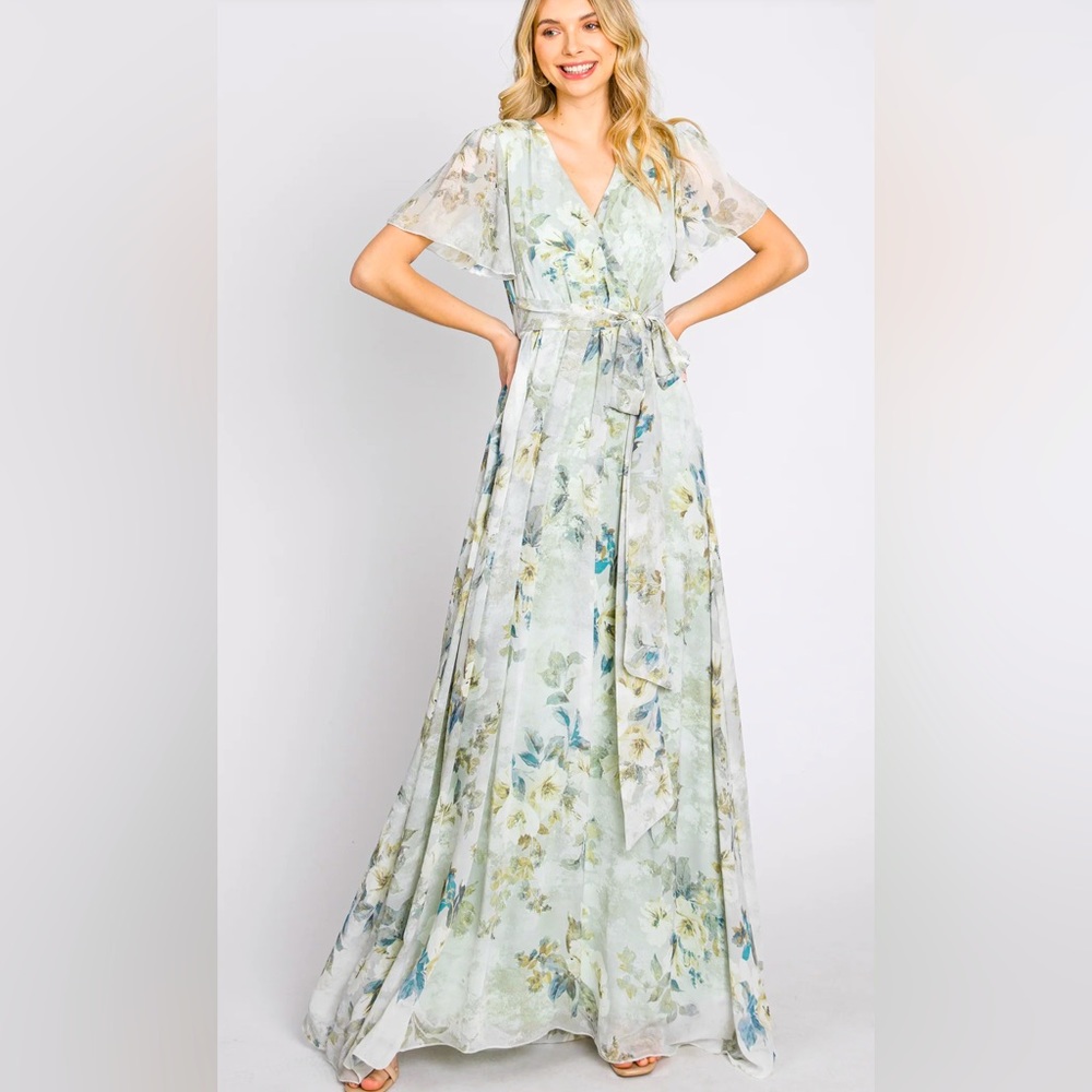 Pinkblush Light Olive Floral Chiffon Wrap Front Short Sleeve Maxi Dress